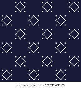 Small medallion geometric pattern motif blue white palette continuous background. Simple geo allover print block for apparel textile, ladies dress fabric, menswear, fashion garment, digital wallpaper