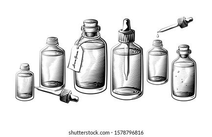 Small medicine various extracts bottle set  Bottles filled and liquid vector illustration 