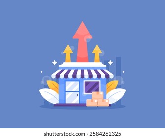 small and medium business development concept. improving and developing local businesses to continue to grow. developing and performing. illustration of a shop with an upward arrow. flat style design