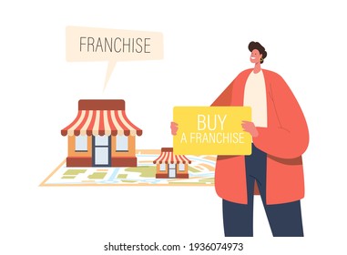 Small And Medium Enterprise Expansion Concept. Male Character Holding Banner With Inscription Buy Franchise Near Huge Map With Vendor Kiosks. SME Development, Franchising. Cartoon Vector Illustration