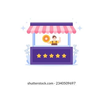 Small Medium Enterprise or SME. reviews and ratings. a man is at a shop stand. retail business, shop, Franchise. five stars. service for customers. illustration concept design. vector elements. white 