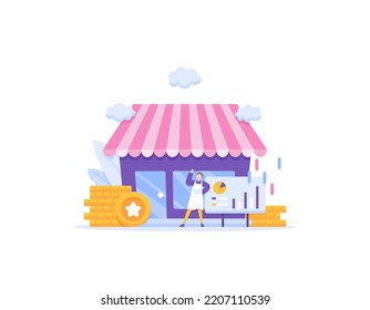 small and medium enterprises or SMEs. venture capital and business funds. money to develop and improve a business. a shop assistant, a businessman, and a shop. concept illustration design