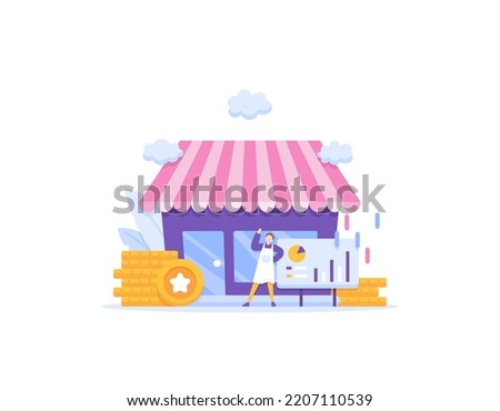 small and medium enterprises or SMEs. venture capital and business funds. money to develop and improve a business. a shop assistant, a businessman, and a shop. concept illustration design
