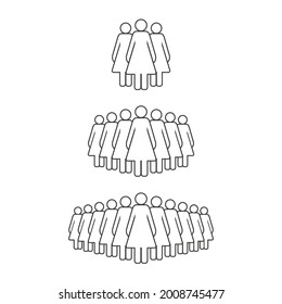 Small, medium and large group of women. Female people crowd line icon. Persons symbol isolated. Vector illustration.