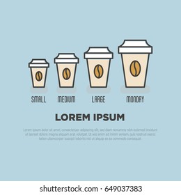Small medium large monday coffee concept with different sizes of take away paper cups. Thin line vector illustration.