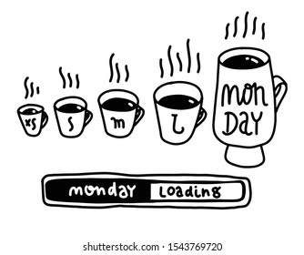Small Medium Large Monday Funny Concept (Hand Drawn Coffee Cups Vector Illustration Poster Design). Morning with coffee, vector art for banner, poster, card. Loading monday lettering