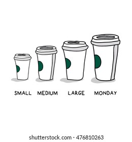 Small Medium Large Monday Funny Concept (Hand Drawn Coffee Cups Vector Illustration Poster Design)