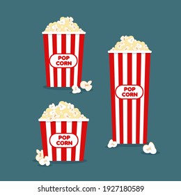Small, medium and large popcorn in classic striped red white cardboard box in cartoon style for cinema poster. Takeaway fast food in trendy flat style. Restaurant junk food menu. Vector Illustration.