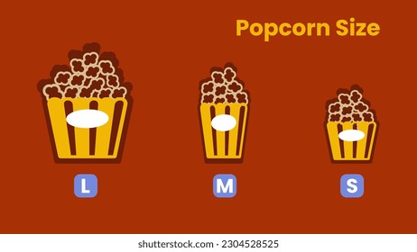 Pequeñas, medianas y grandes palomitas de maíz en estilo retro de caricatura para afiches y publicidad del cine. Restaurante con menú de comida chatarra. Ilustración del vector