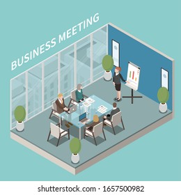 Small Meeting Room Business Presentation Isometric Composition With Speaker And Participants At Glass Square Table Vector Illustration 