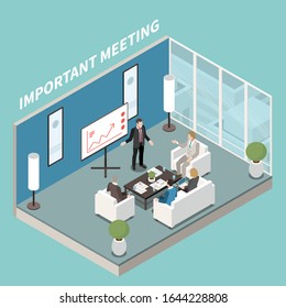 Small Meeting Room Modern Office Design Isometric Composition With White Board Presentation Coffee Table Discussion Vector Illustration  