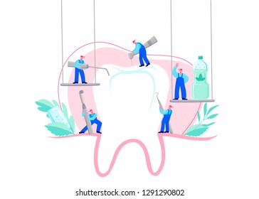 Small men treat, clean big tooth dental insturment. Dentistry work concept. Handdraw vector illustration. Care of teeth