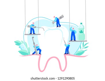 Small men treat, clean big tooth dental insturment. Dentistry work concept. Handdraw vector illustration. Care of teeth