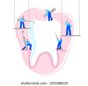 Small men treat, clean big tooth dental insturment. Dentistry work concept. Handdraw vector illustration. Care of teeth