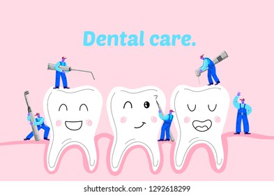 Small men treat, clean big teeth dental insturment. Dentistry work concept. Handdraw vector illustration. Dental care