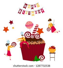 Small men and women, pastry chefs together decorating giant birthday cake with candy, lollipop, teamwork cooking, vector illustration for poster, party banner, invitation or greeting
