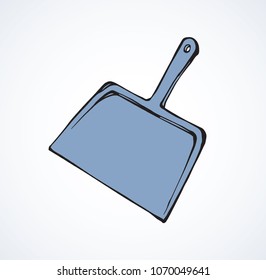 Small metal bin trowel on light ground backdrop. Freehand line black ink hand drawn picture object emblem pictogram sketchy in retro art scribble style pen on paper. Close up view with space for text