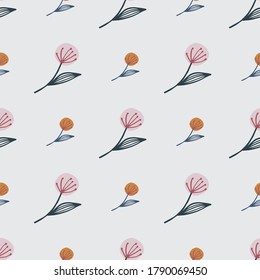 Un diente de león pequeño y medio sobre un patrón floral sin fisuras. Fondo rosa claro. Para el diseño de tejidos, impresión textil, envoltura, cubierta. Ilustración vectorial.