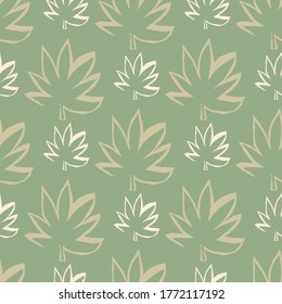 Small and middle marijuana leaves in beige and white colors endless wallpaper. Cannabis outline silhouette seamless pattern. Vector fabric design