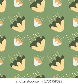 Small and middle simple flowers seamless pattern. Vector botanic elements in green, yellow and white colors on pastel green background. Great for wrapping paper, textile, fabric print and wallpaper.