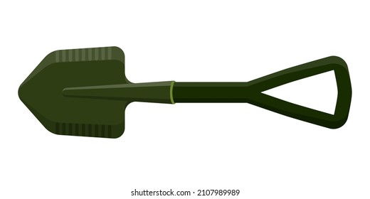 Small military tactical sapper shovel with ergonomic handle. Touristic equipment for camping and tourism. Military concept for army, soldiers and war. Vector cartoon isolated illustration.