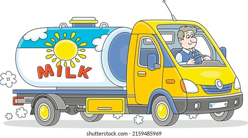 Small Milk Tank Truck With A Funny Driver Hurrying On A Road From A Farm To A Dairy Factory, Vector Cartoon Illustration On A White Background