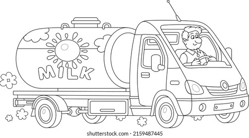 Small milk tank truck with a funny driver hurrying on a road from a farm to a dairy factory, black and white vector cartoon illustration for a coloring book page