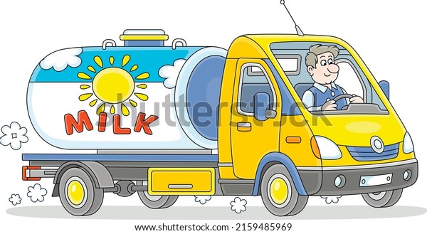 Small milk tank truck with a funny driver\
hurrying on a road from a farm to a dairy factory, vector cartoon\
illustration on a white\
background