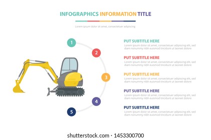 small or mini excavators infographic template concept with five points list and various color with clean modern white background - vector