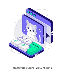 Small Mini Keyboard with Ai Generate buttons. Artificial Intelligence creates a picture of a cat. Isometric vector illustration 