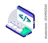 Small Mini Keyboard with Programming Inscription Dev. Developer concept. Isometric vector illustration