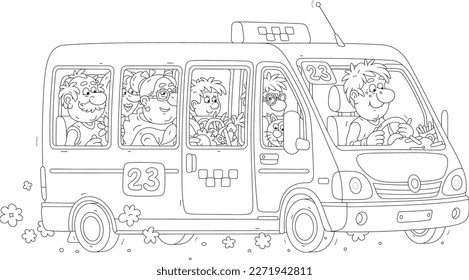 Small minibus with a funny driver and passengers hurrying about their business, black and white vector cartoon illustration for a coloring book