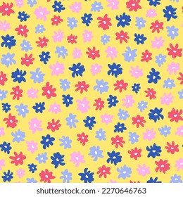 Small minimal calico flower seamless repeat pattern. Random placed, vector floral heads all over surface print on yellow background.