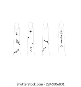 Small minimal magic style black ink finger tattoo designs. Moon, crescent, floral branches and star simple hand drawn elements set. Boho witch symbols doodles 