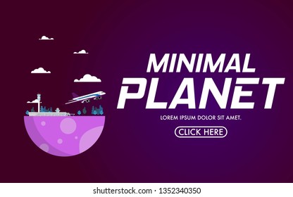 A small minimal planet with small airport and a airplane is taking off into the space on the half size of the blue planet with copy space for text on the dark space-Minimal Planet