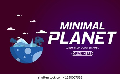 A small minimal planet with small natural landscape with mountain range on the half size of the blue planet with copy space for text on the dark space-Minimal Planet