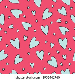 Small mint color hand drawn hearts on red juicy background. Seamless pattern perfect for wrapping paper, postcards, ads design