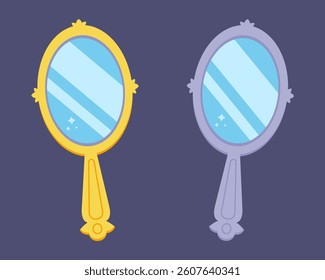 a small mirror for applying women makeup. preening herself in front of the mirror.