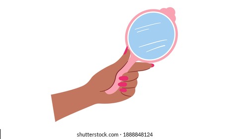 Small Mirror In Hand.  Women's Fingers Grip The Mirror Tightly.  The Concept Of Beauty, Skin Care, Morning Routine.