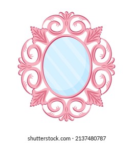 Small mirror icon. Portable vintage personal vanity. Feminine beauty. Reflection in oval frame to do makeup. Princess symbol. Lady fashion. Isolated vector illustration