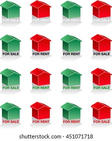 Small model houses in 3D presentation described as "for sale" and "for rent" in different compilations.