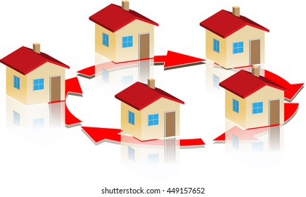 Small model houses on a circle from red arrows 