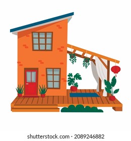 Small modern house with a wooden deck and yoga area. Vector stylish building, home on rent or sale