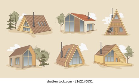 Small modern houses in earthy tones. Cottages architectural illustrations with editable stroke. Contemporary tiny houses or cabins. Slow life, eco living concept.