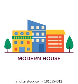 Small modern houses facade with window, garage, balcony and roof. Exterior of building apartment with trees. Vector cityscape illustration. simple background in geometric style