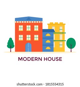 Small modern houses facade with window, garage, balcony and roof. Exterior of building apartment with trees. Vector cityscape illustration. simple background in geometric style