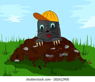 A small mole with a cup on the meadow molehill