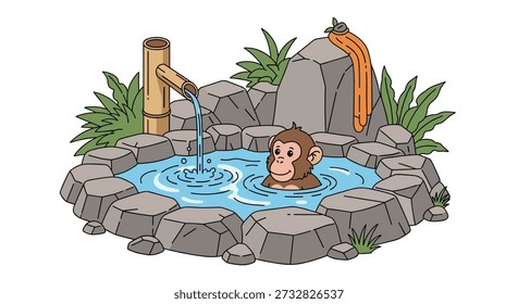 Small monkey enjoys a relaxing bath in a stone hot spring with a bamboo water pipe and a towel resting on a rock.