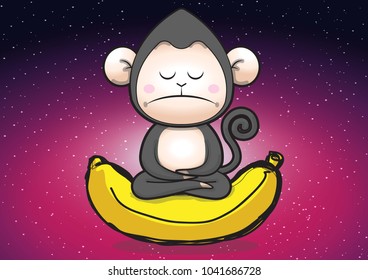 A small monkey meditating on a banana yellow.