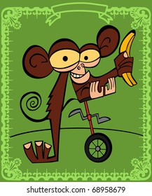 Small monkey mounts unicycle with a banana in the hand, in the circus